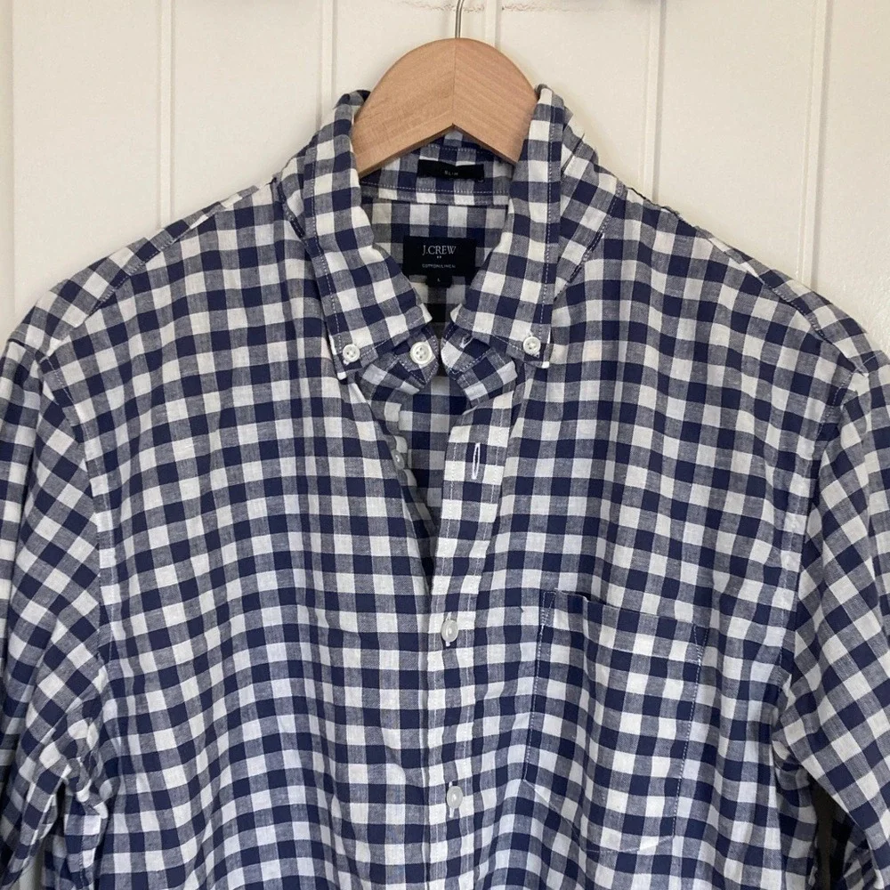 J. Crew Factory Men's Navy White Gingham Button-Down Shirt Size L Slim Linen Bld